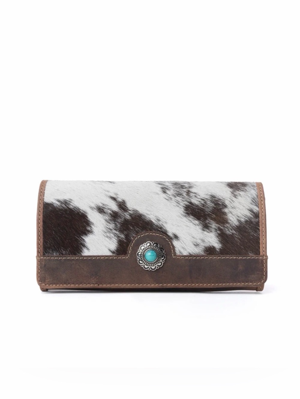 Western WalletCowhide Leather Wallet with Turquoise Accent - Brown/White